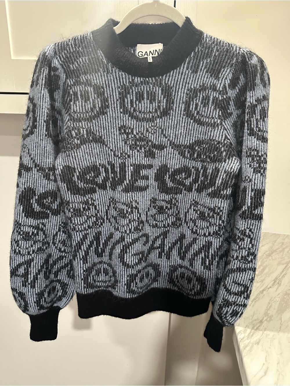 Ganni Black & Light Blue Floral Logo Jacquard Crewneck Sweater